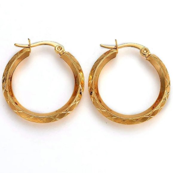 Crossed Ribbed Hoop Pierced Post Earrings Gold Tone Large Round Stainless Steel - Picture 3 of 13